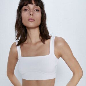 Zara White Bralette Top Size Small Womens Ribbed Sleeveless Bralette Square Neck